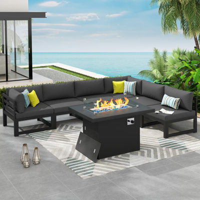 Tuyen 7-Piece 6-Person Outdoor Patio All-Aluminum Sectional Conversation Set with 60,000 BTU Fire Pit Table and 4" High-Resilience Foam Cushions