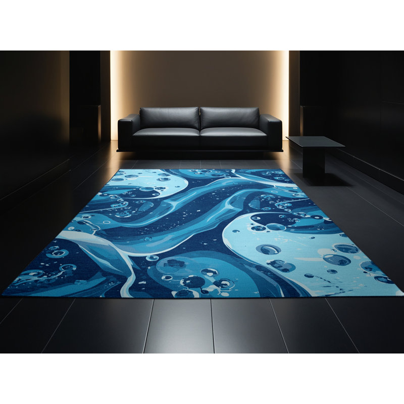 Tapis bleu et bleu marine délavé à la machine, 7 x 10