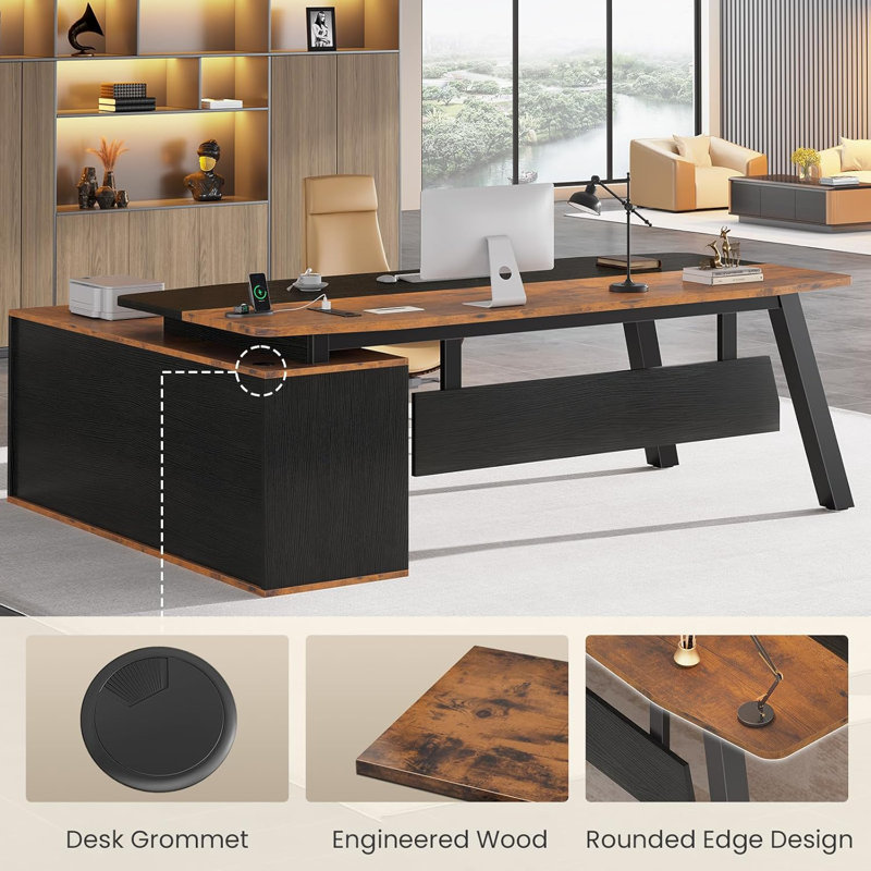 71" Executive Desk With File Cabinet, Brown
