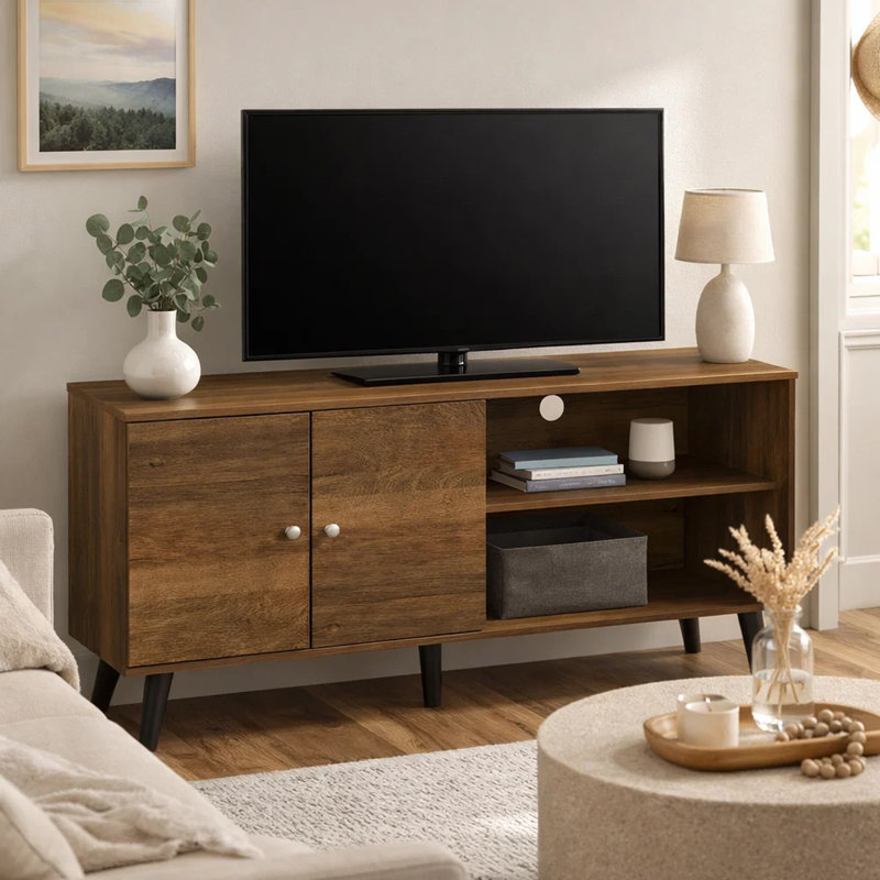 Meuble télé avec tablettes et 2 portes Donna, H 25,6 po x l 47,3 po x P 15,2 po, Brun