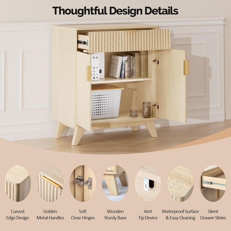 Modern Fluted Storage Cabinet With Drawer and Adjustable Shelf