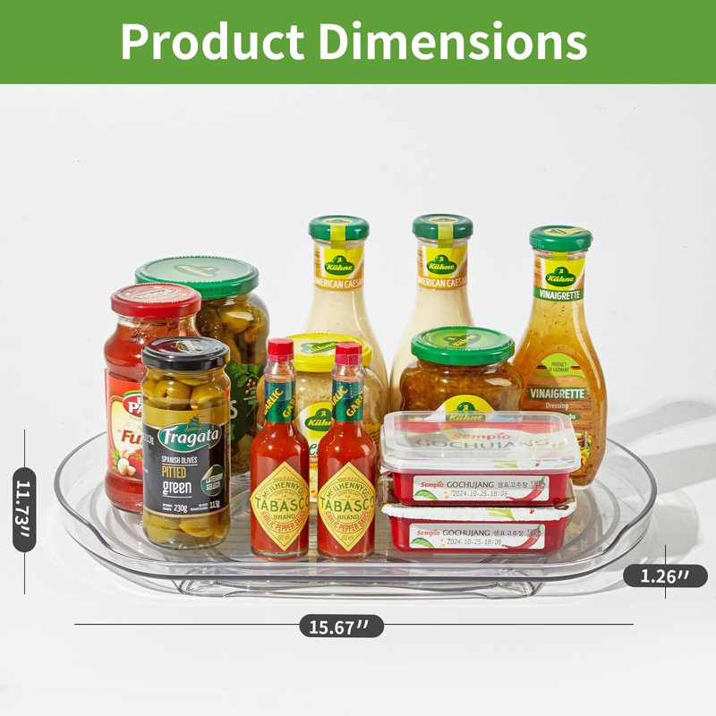 Deriona Lazy Susan Turntable Organizer for Refrigerator, Clear Rectangular Fridge Organizer Storage