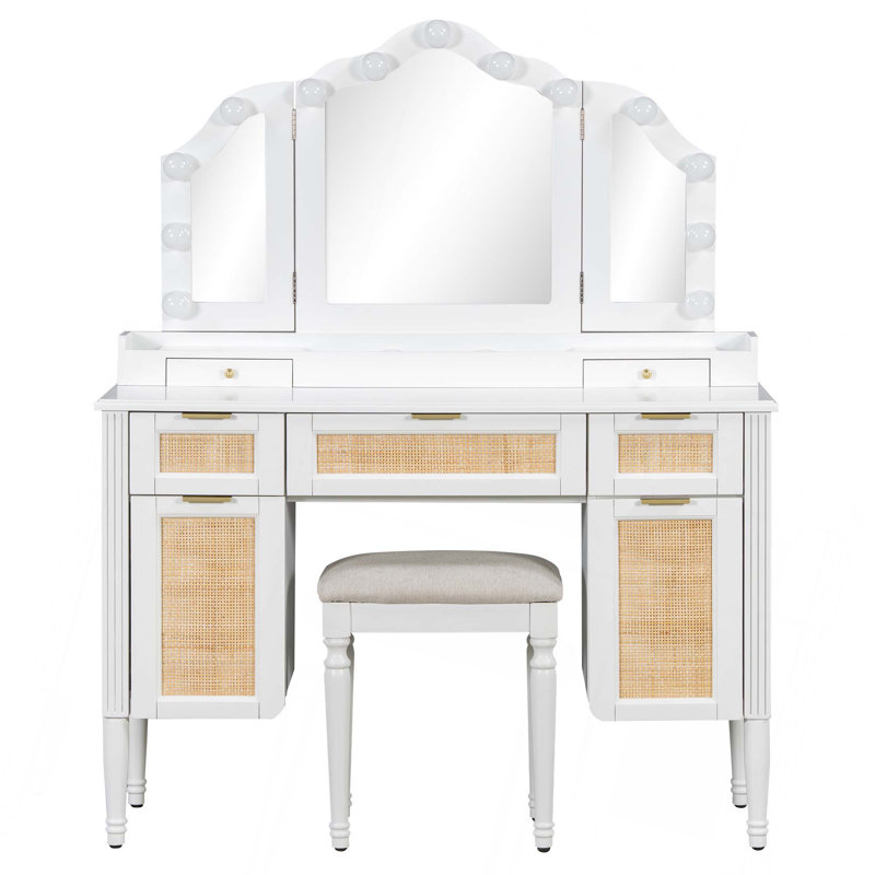 44.37 " Makeup Vanity Desk With 13 Hollywood Bulbs And 3 Lighting Modes, Dressing Table With Tri-Fold Mirror   Large Vanity Table With 5 Drawers And Shelves And  Charging Station For Bedroom