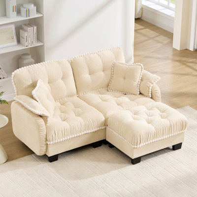 Chenille Cloud L-Shaped Loveseat Sofa With 4 Pillows,Movable Ottoman Pom-Pom Trim Quilted Tufted Cushion Ergonomic Design, Easy Assembly Deep Seat Couch For Living Room Office, Apartment