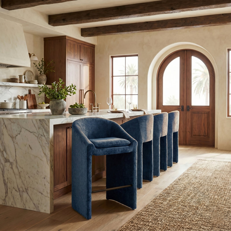 Kagan Chenille Counter Stool, Bar Stool (30.7" Seat Height), Navy