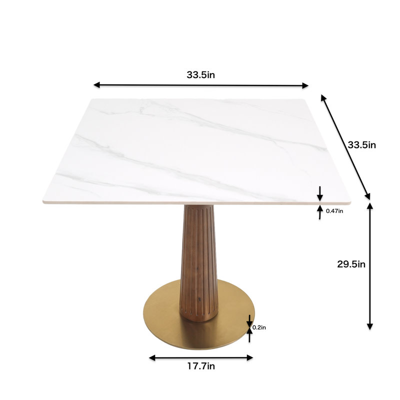 33.5'' Sintered Stone Solid Wood Square Dining Table, White/Gray
