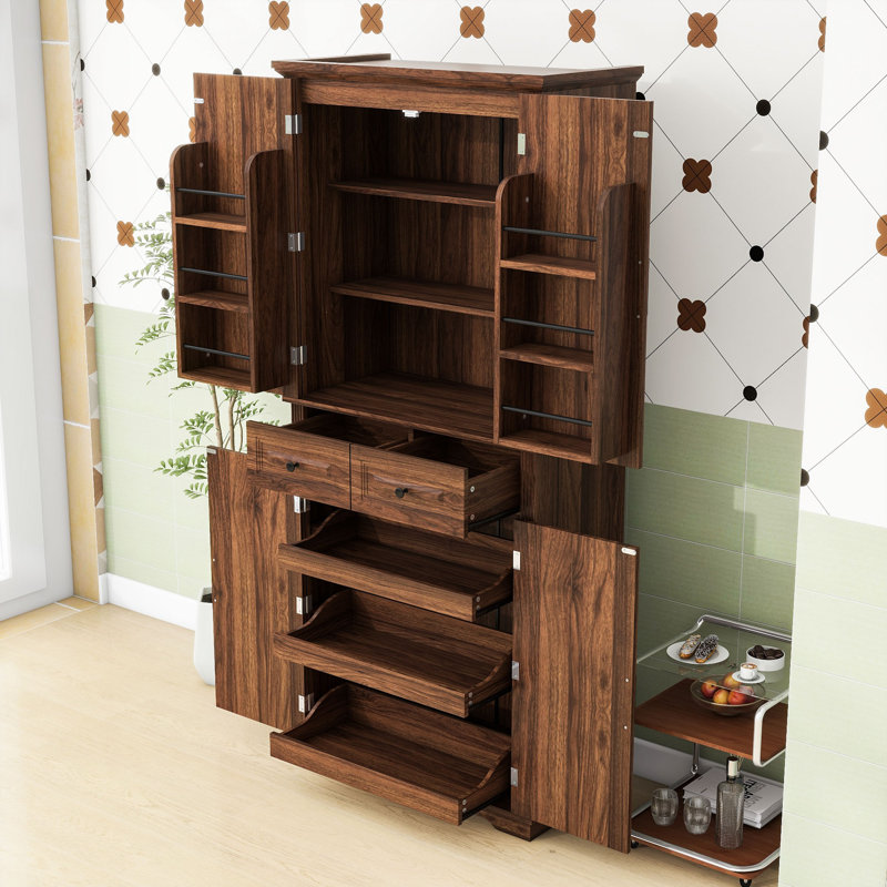 Armoire de cuisine avec 2 tiroirs, 6 tablettes de porte, 3 tablettes réglables et 3 tablettes coulissantes, Brun
