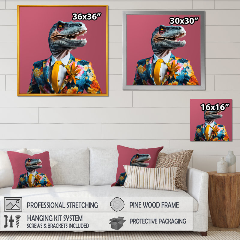 Habillage de dinosaure jaune et rose à la mode - art de mur de dinosaure, Cadre flottant noir, 16" H x 16" W