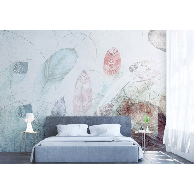 Soft Feathers Abstract Line Drawing Removable Textile Wallpaper, 49”L x 75”W