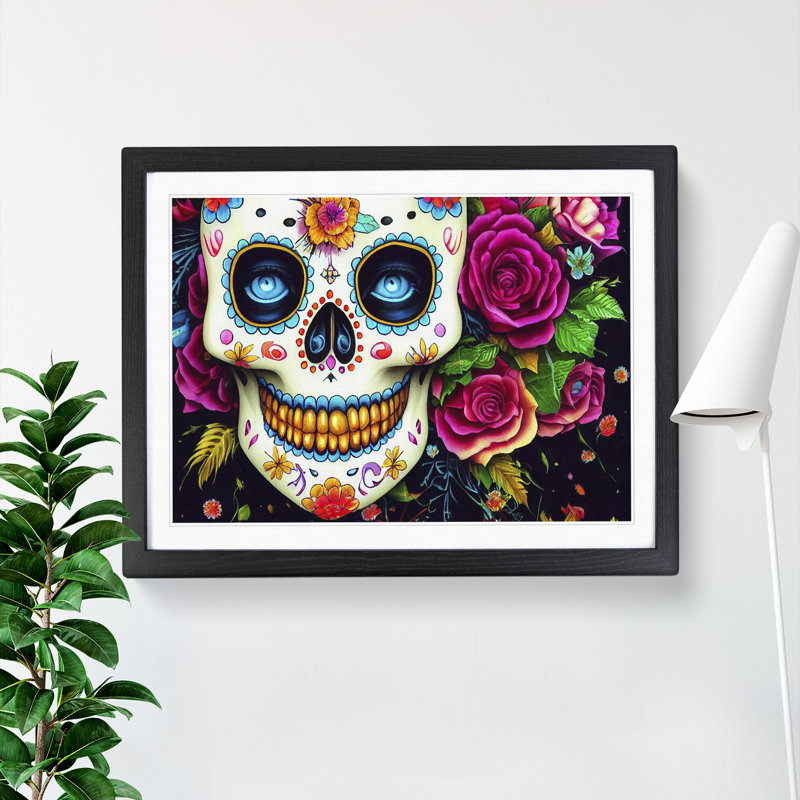 Bold Floral Sugar Skull - Single Picture Frame Print, Black Framed, 25cm H x 34cm W x 2cm D