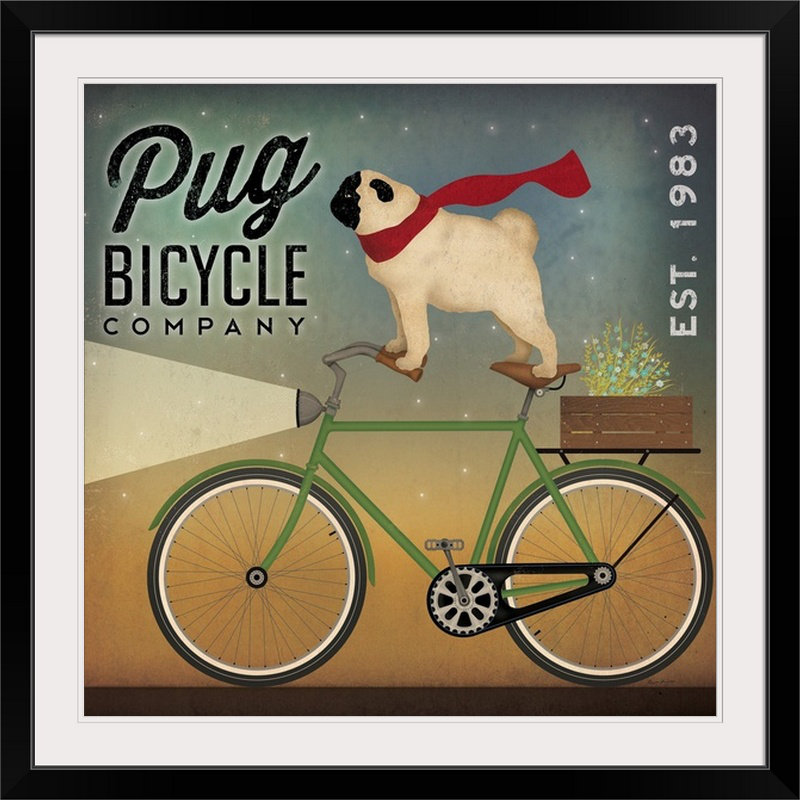 «Pug on a Bike» par Ryan Fowler, affiche vintage, H 24 po x l 24 po x P 1 po, Cadre noir