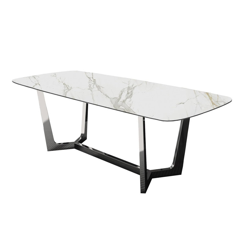 Rectangular Dining Table With Metal Trestle Legs, Silver