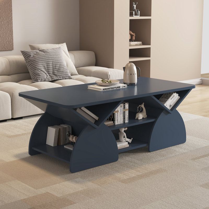 Modern Blue Rectangular Coffee Table With Rounded Corners, Open Storage Shelves & Sturdy Frame – Easy Assembly Geometric Design Table For Living Or Reception Room 