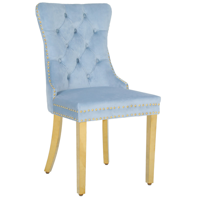 Chaises de salle à manger rembourrées avec dossier capitonné avec pieds en acier inoxydable, Bleu, Doré