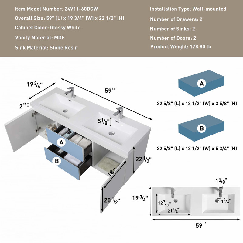 60"Floating Bathroom Vanity With Double Sink