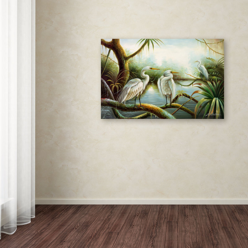 « three herons », reproduction d’art sur toile tendue, H 22 po x l 32 po x P 2 po
