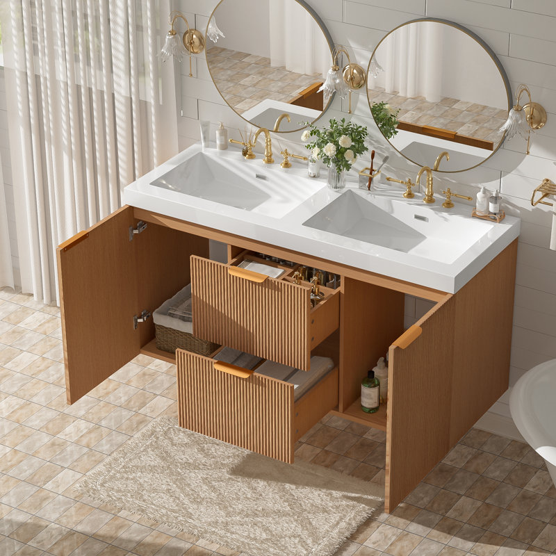 Meuble-lavabo double 47,24 po avec comptoir SMC, 2 tiroirs et 2 armoires à fermeture en douceur, meuble-lavabo double mural