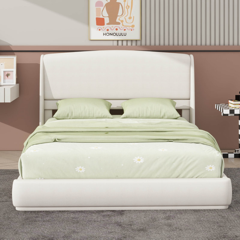 Structure de grand lit avec tête de lit à oreilles et lit plateforme à profil bas, Beige