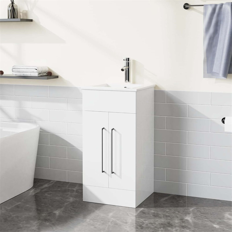 Petite coiffeuse avec lavabo simple, conception autoportante, idéale pour les salles de bain modernes avec beaucoup de rangement et une construction durable