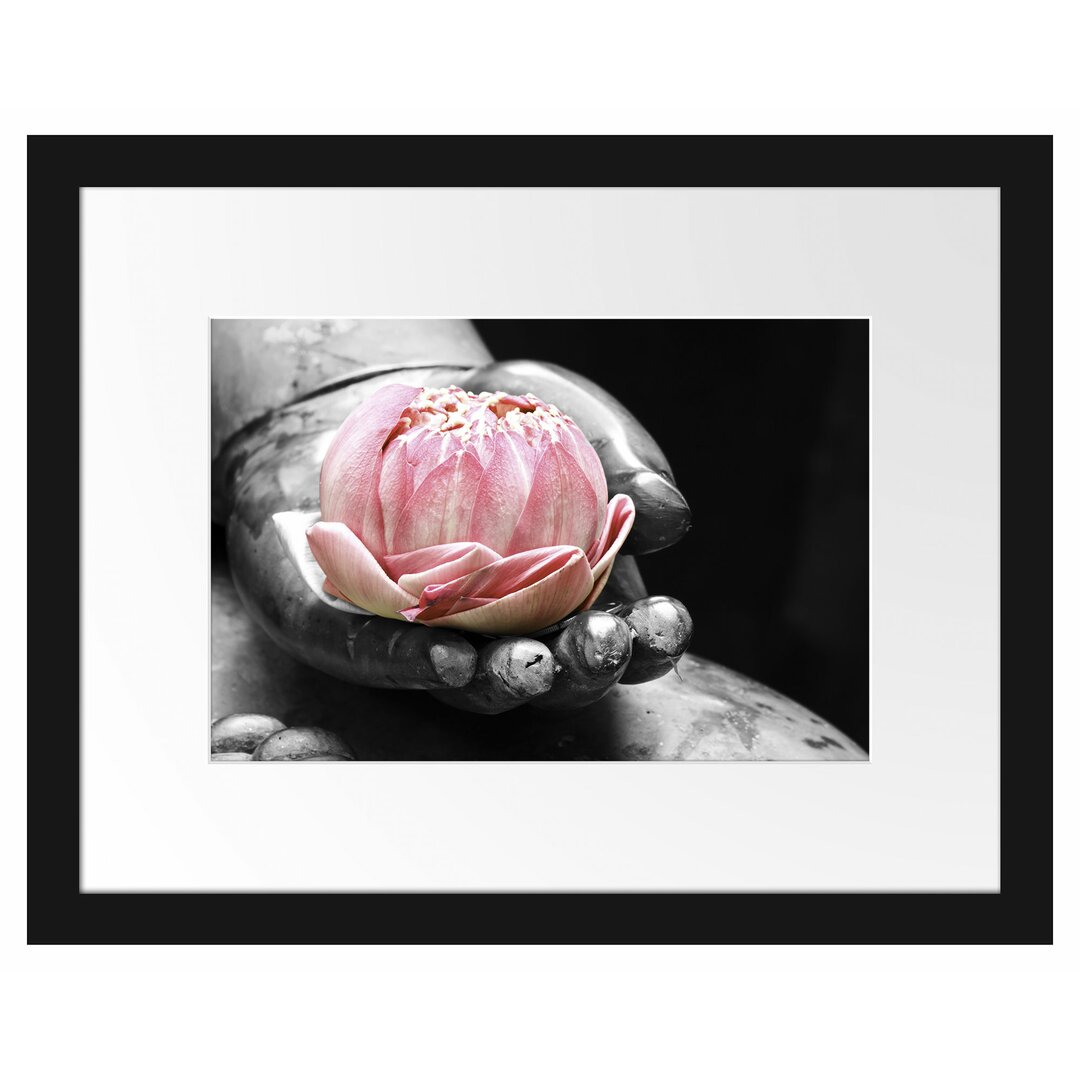 Gerahmtes Poster Lotus in einer Hand eines Buddhas