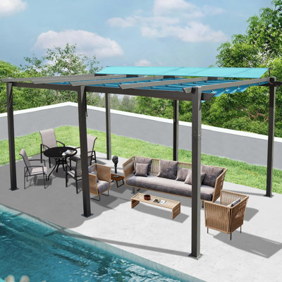 Pavillon de jardin d'extérieur rétractable 11 x 16 pi bleu lac. Cadre en aluminium pour une utilisation à long terme. Auvent. Pare-soleil réglable. Assemblage simple. Structure de la pergola bleue appropriée pour la cour, la piscine et la pelouse.