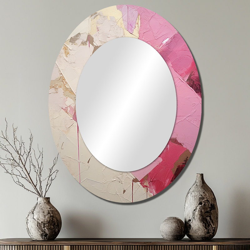 Gold And Pink Minimal Abstract River III - Beige Traditional Oval Wall Mirror, 40" x 30"