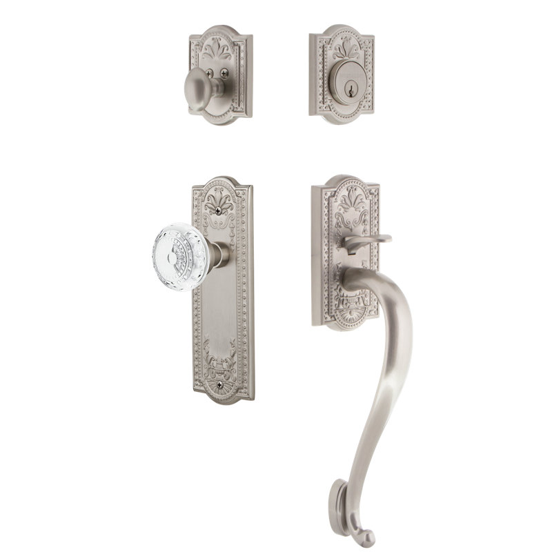 Nostalgic Warehouse Meadows Plate S Grip Handleset with Single Cylinder Deadbolt and Crystal Meadows Knob, Satin Nickel