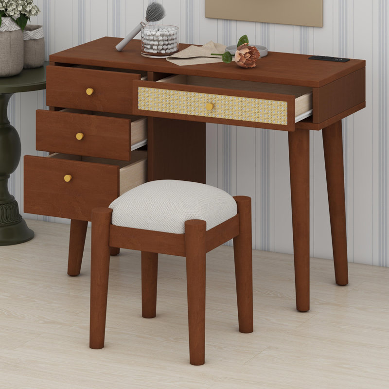 Coiffeuse en bois avec prise de courant, tiroirs de rangement et tabouret assorti