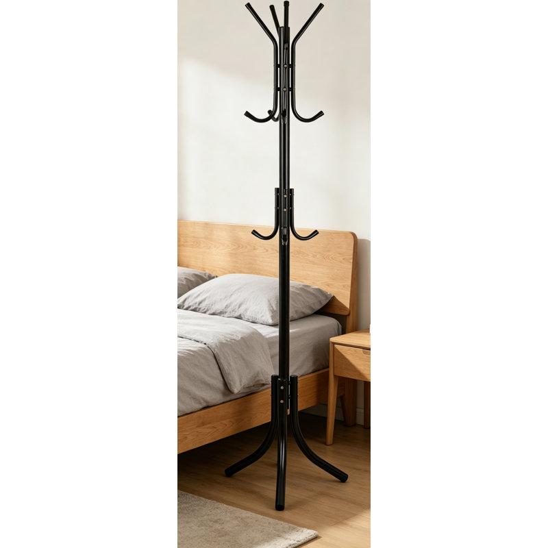 Portemanteau autoportant en métal noir avec rangement multicouche, simple et pratique, convenant aux vestibules et aux bureaux.