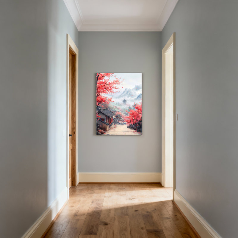 «Cherry Blossom Temple Landscape», ensemble de 1 reproduction d'art sur toile tendue, H 24 po x l 16 po