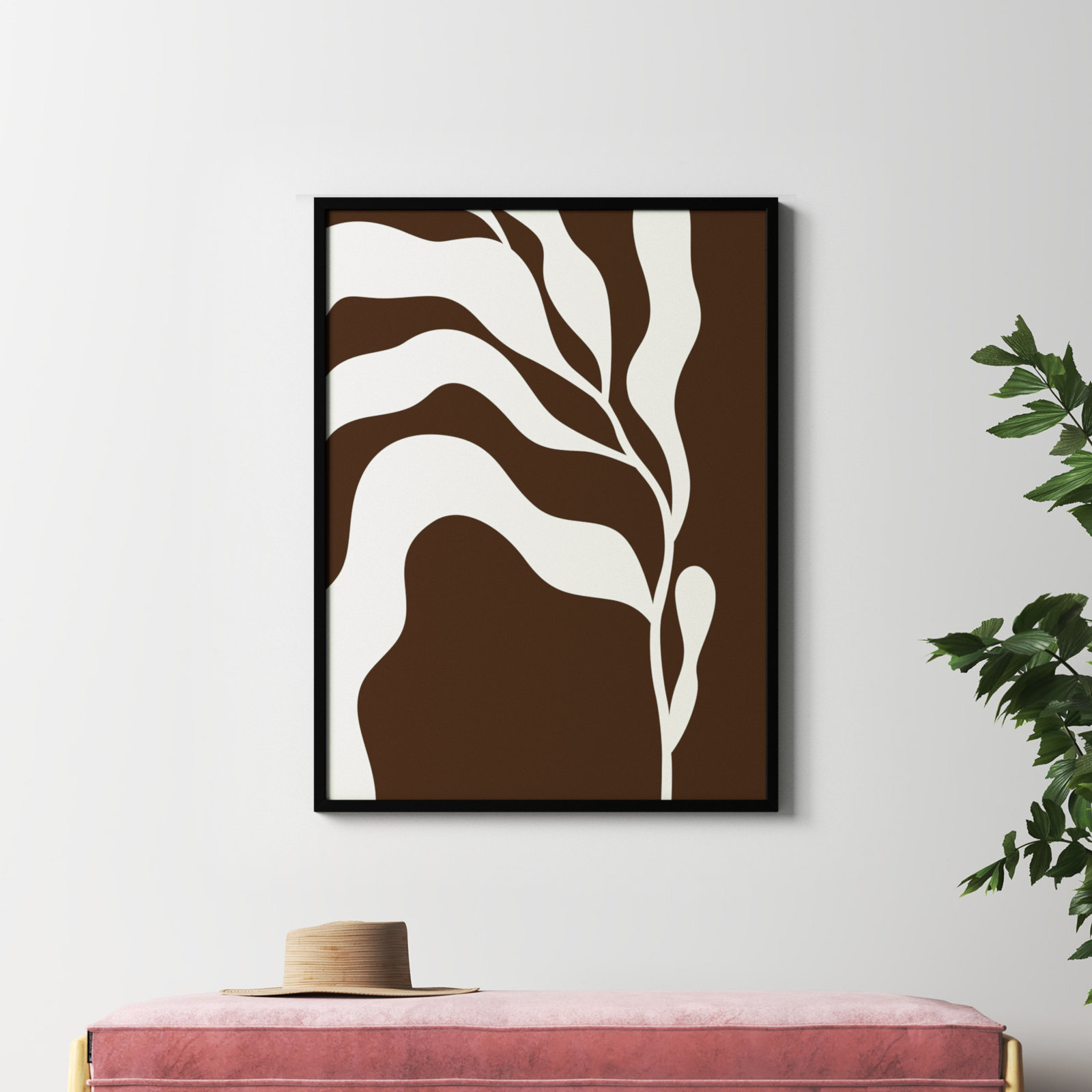 Retro Matisse Inspired Abstract Botanical 2 Brown, Black, 41" H x 31" W x 1" D