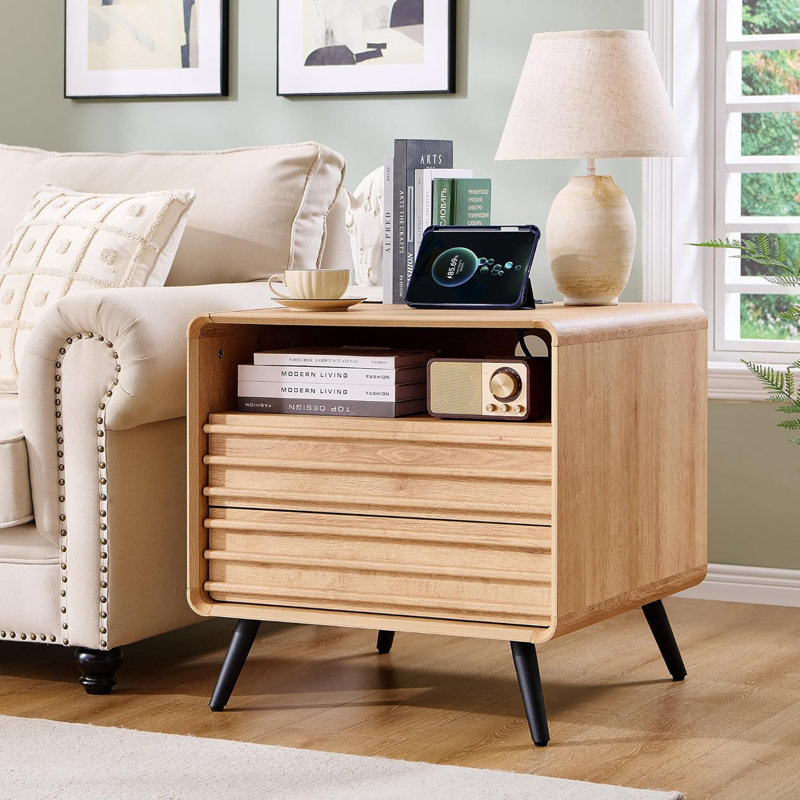 24" Mid Century Nightstand With 2 Drawers & Charging Station, Natural Oak Top/Natural Oak Base