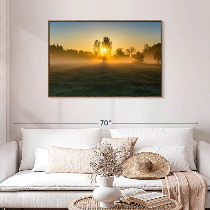 Misty Meadow au lever du soleil, Cadre flottant noyer, 43 po x 29 po