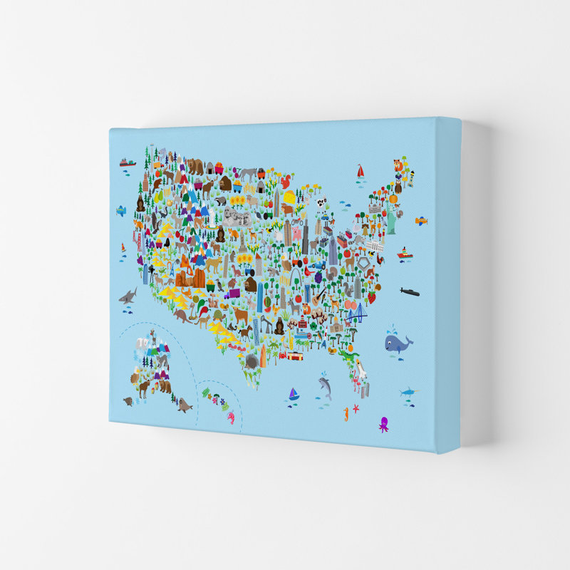 Animal Map Of United States by Michael Tompsett - Print, Wrapped Canvas, 21cm H x 29.7cm W x 4cm D