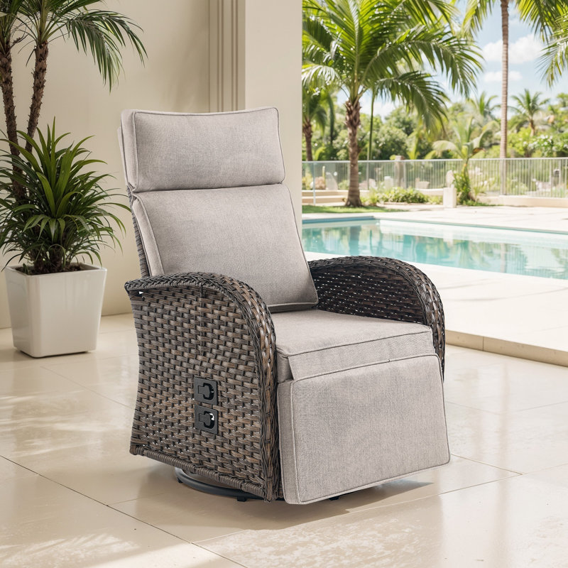 Patio Recliner Swivel Chair With Adjustable Backrest & Footrest, All-Weather Outdoor Chaise Lounge Chair, Beige, 1