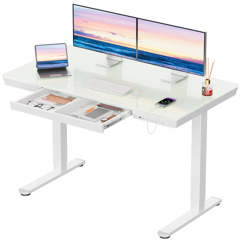 Height Adjustable Standing Computer Desk With Drawer and USB & Type-C Ports For Home Office, 28'' H x 55'' W x 28'' D
