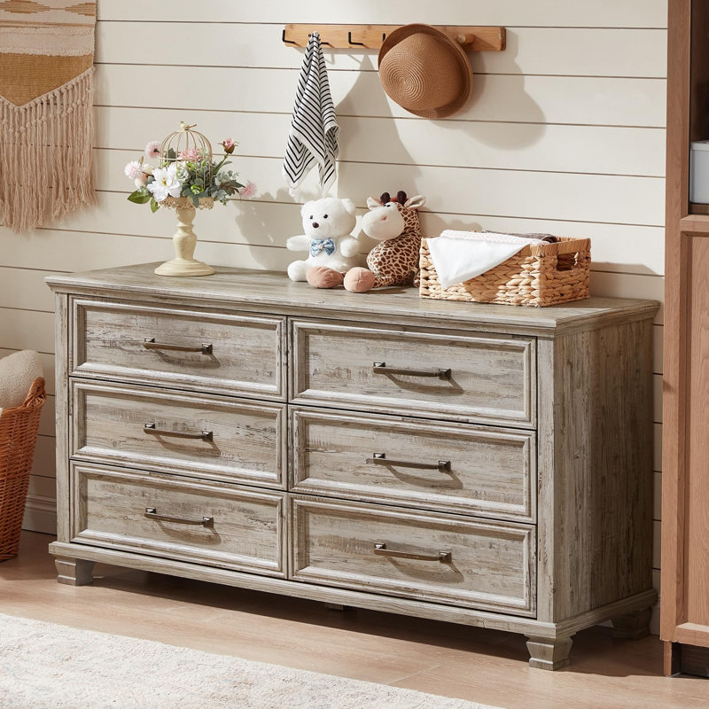 Farmhouse Grey 6 Drawer Dresser for Bedroom, 54 inch Wide Vintage Large Chest of Drawers with Square Wood Legs, Rustic TV Console for Living Room, Wooden Storage Closet Dressers for Home