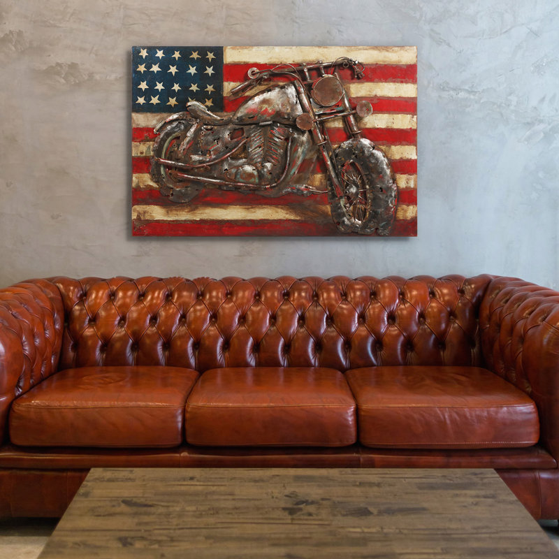 Patriotic Motorcycle Mixed Media Iron Wall Sculpture