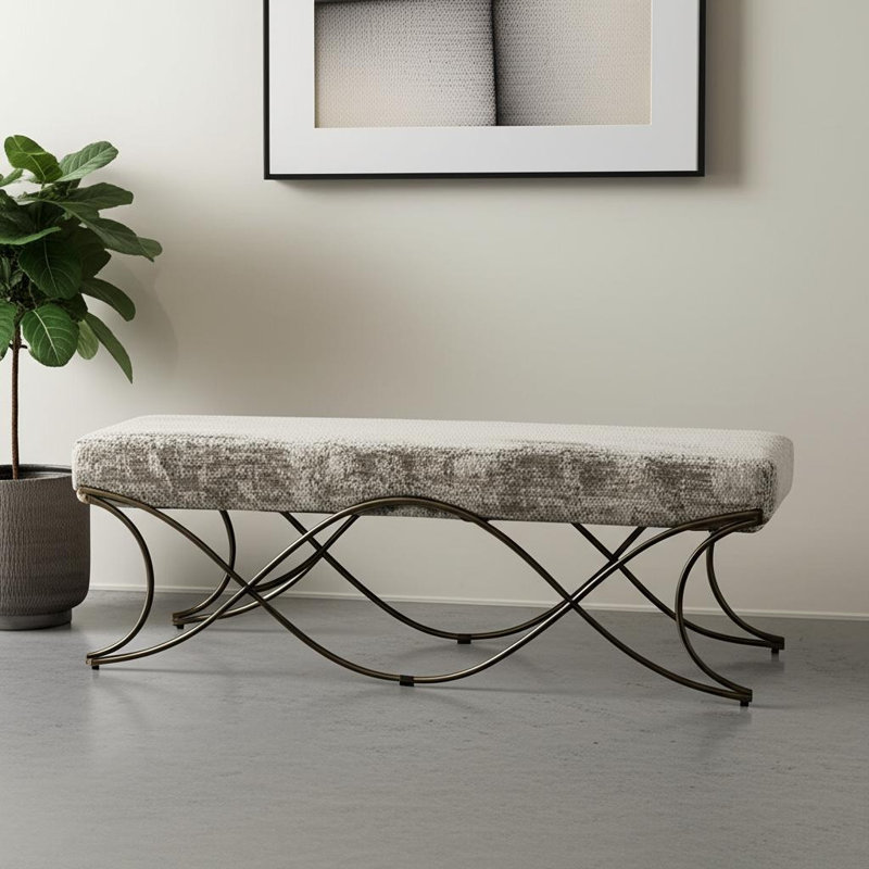 Banc 55 po en chenille et métal gris et or 55 po