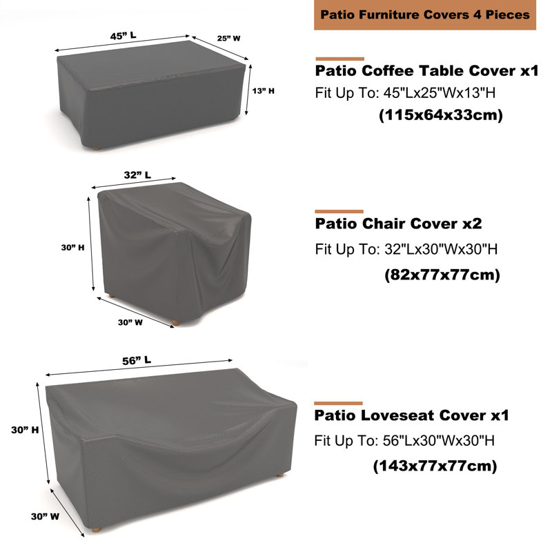 Housses pour meubles d'extérieur imperméables 4 pièces, H 30 po x l 56 po x P 30 po, Gris