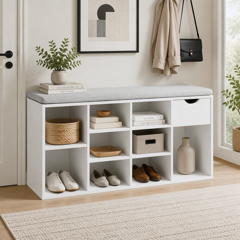Banc de rangement pour chaussures avec tiroir, tablette réglable et coussin moelleux, peut contenir 9 paires de chaussures