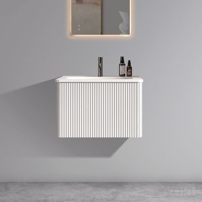 Meuble-lavabo rayé blanc doux 24 po avec lavabo à surface solide blanc, meuble-lavabo mural flottant pour salle de bain moderne, lavabo blanc une pièce sans drain, pré-assemblé