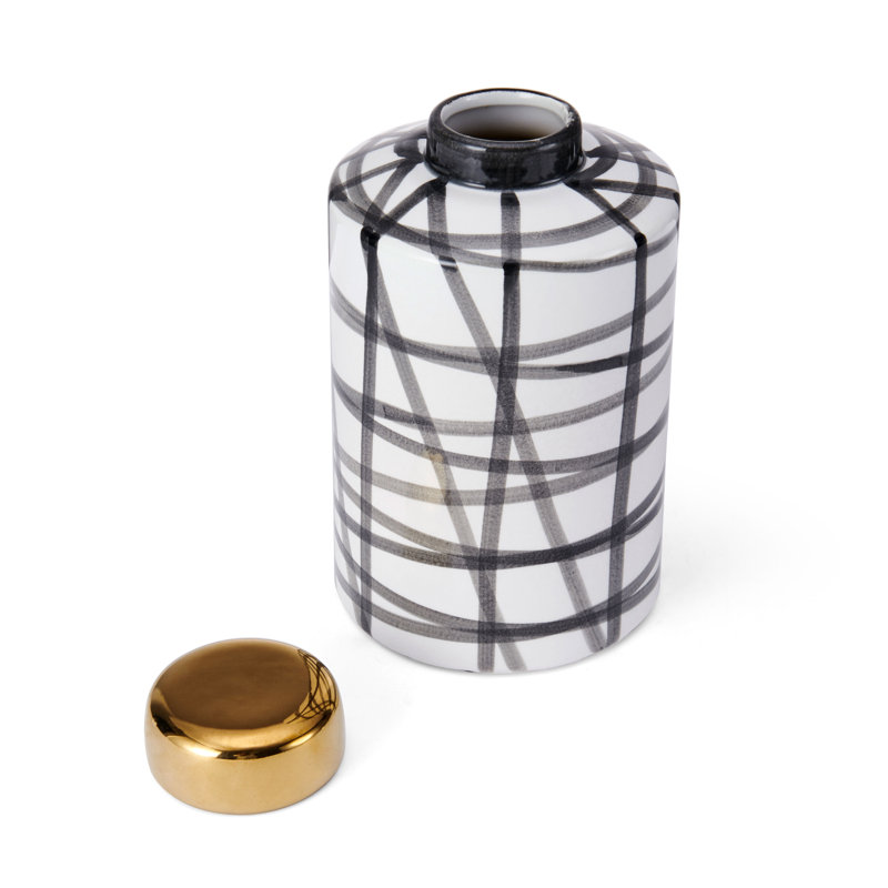 Modern Black and White Ceramic Cylinder Jar with Gold Lid