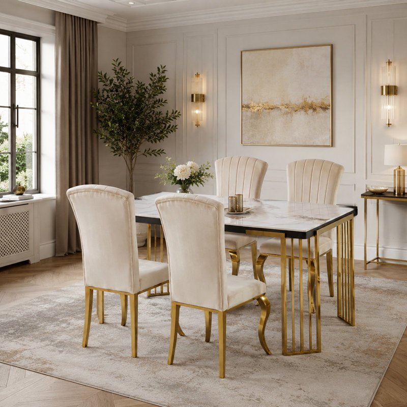 Cindy White Sintered Stone Dining Table - Luxury Gold Geometric Legs