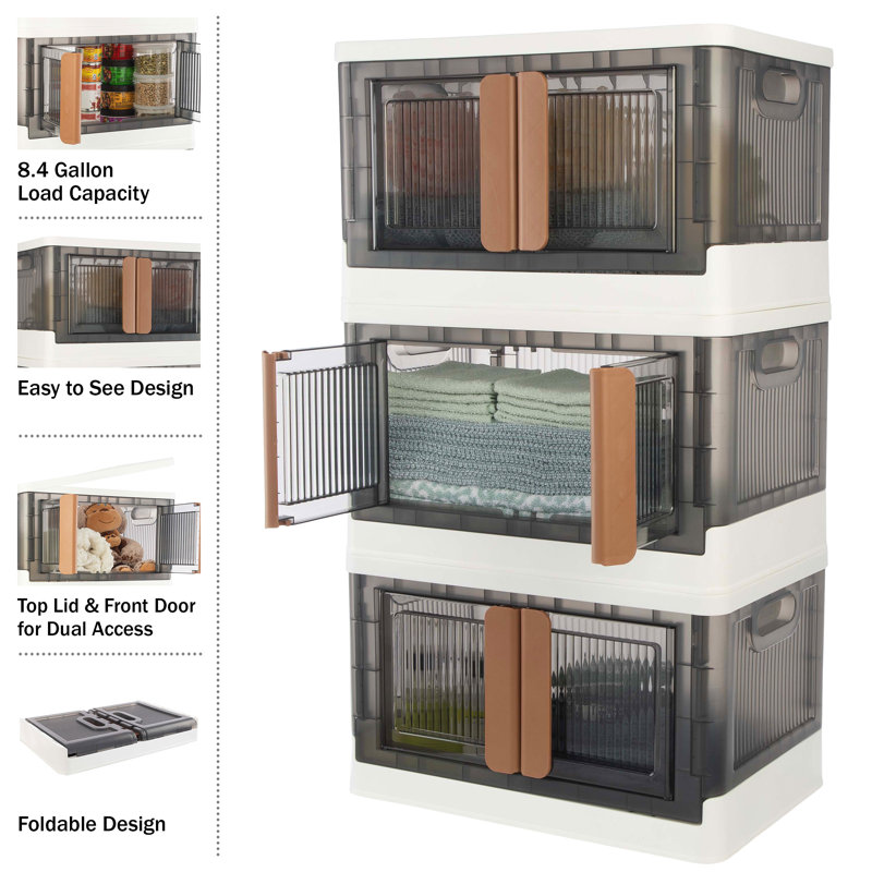 Collapsible Storage Bin - 8.4 Gal Large Capacity Organizer With Lid, Double Doors, And Wheels - Stackable Storage Containers