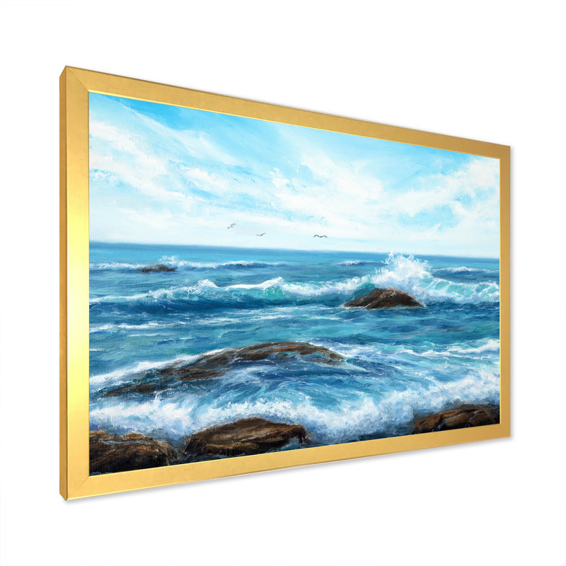 Waves at Ocean Sea Shore - reproduction d'art sur toile, H 16 po x l 32 po x P 1 po, Cadre photo doré