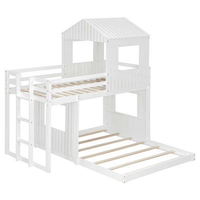 Wooden Twin Over Full Bunk Bed, Loft Bed with Playhouse,Farmhouse, Ladder and Guardrails