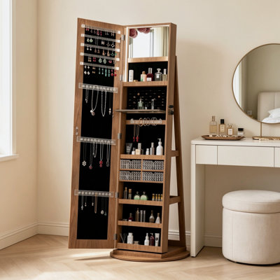 Armoire à bijoux sur pied pivotante à 360 °, armoire de rangement verrouillable en noyer clair avec miroir pleine longueur et lumières DEL intérieures pour le vestiaire de la chambre à coucher