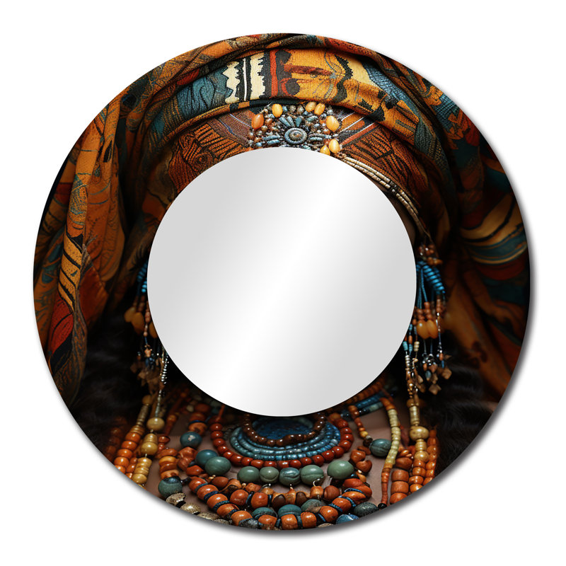 «African Adorned Beauty III» - miroir mural art africain, miroir décoratif rond turquoise, impression d'art en métal