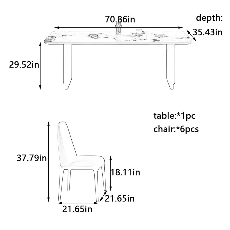 Design the rock plate dining table and chair set, 29.52"H x 70.86"L x 35.43"W